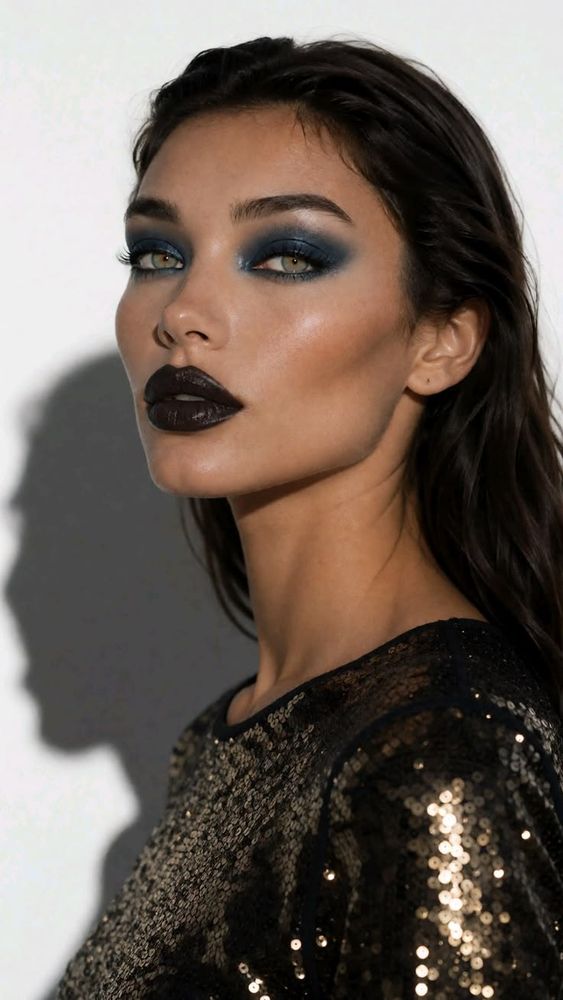 Midnight blue smoky eyes and a dark lip