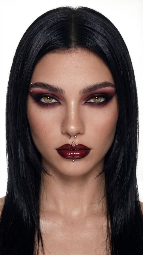 Vampire glam with burgundy eyes and deep red lips